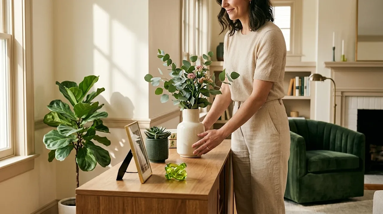 A person styling a wooden console table with a ceramic vase, greenery, and decor in a warm, inviting living room.