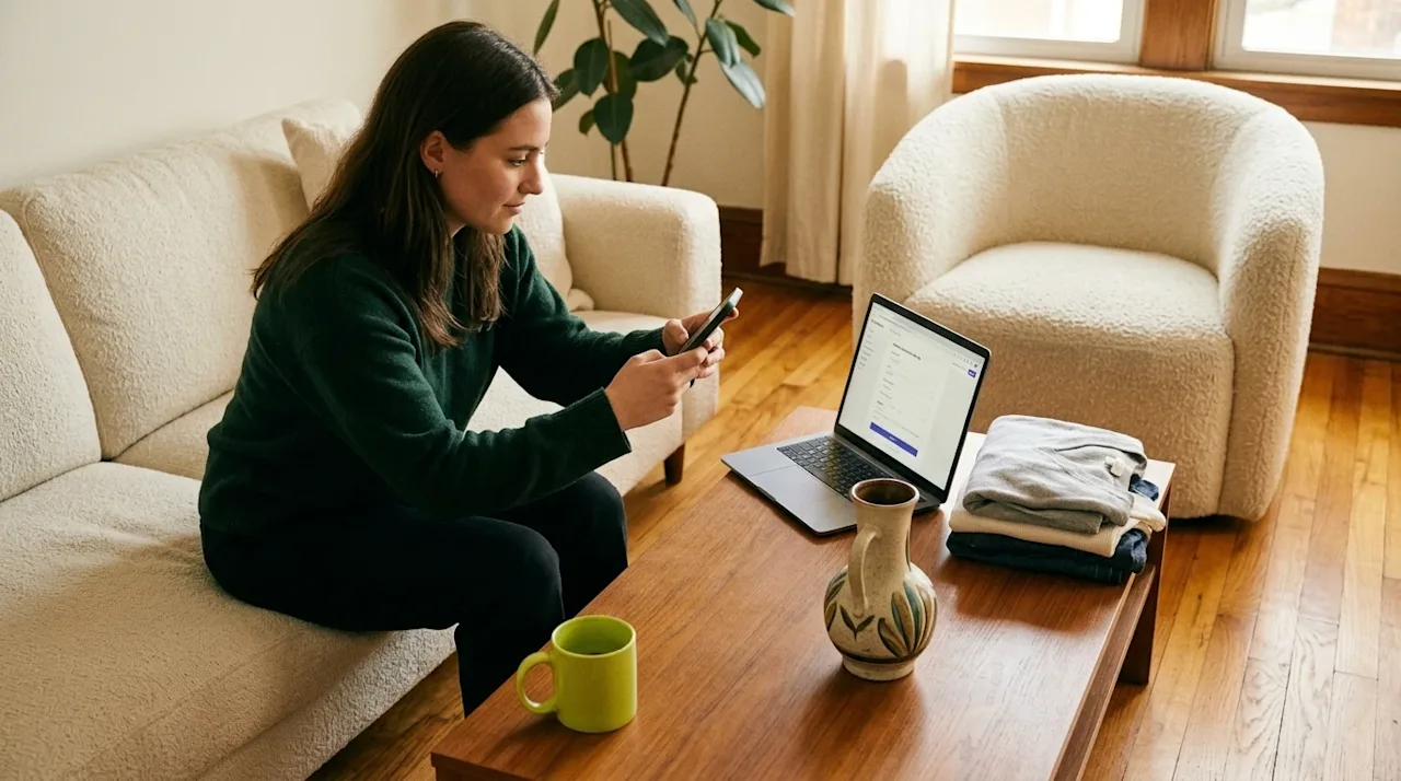A high-quality, authentic lifestyle photograph of a person preparing to sell their belongings online. A casual young woman is
