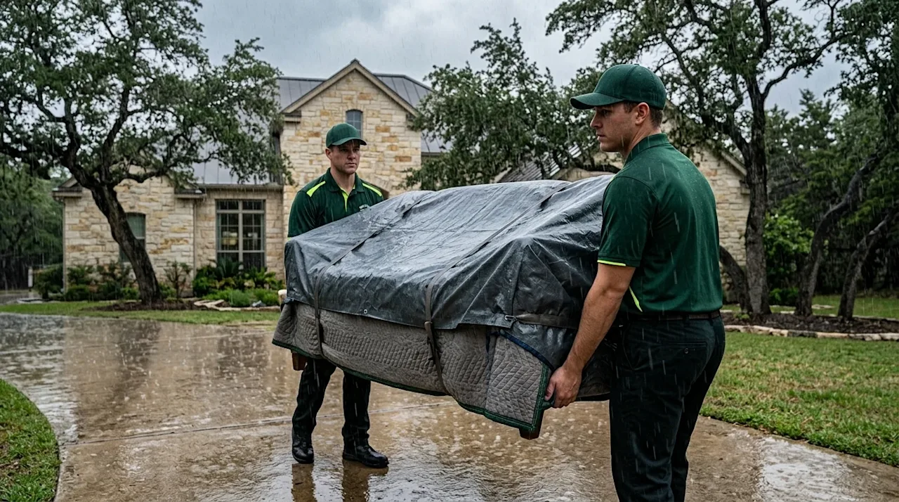 Professional marketing photography of two professional movers safely carrying a carefully padded and waterproof-tarped piece