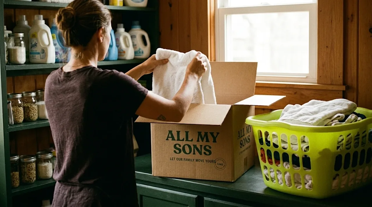 Candid 35mm film photography of a person carefully folding clean laundry and packing it into an open kraft cardboard moving b