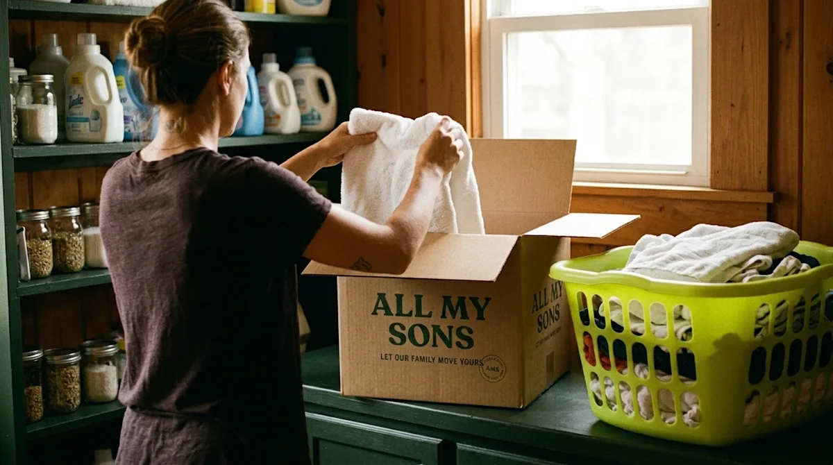 Candid 35mm film photography of a person carefully folding clean laundry and packing it into an open kraft cardboard moving b
