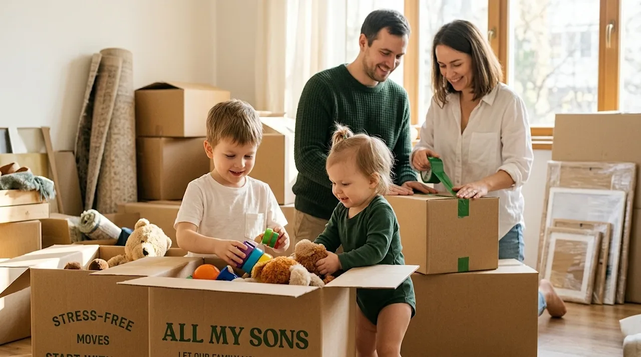A candid, high-quality lifestyle photograph of a family with two young children happily packing for a move in a bright, sunli