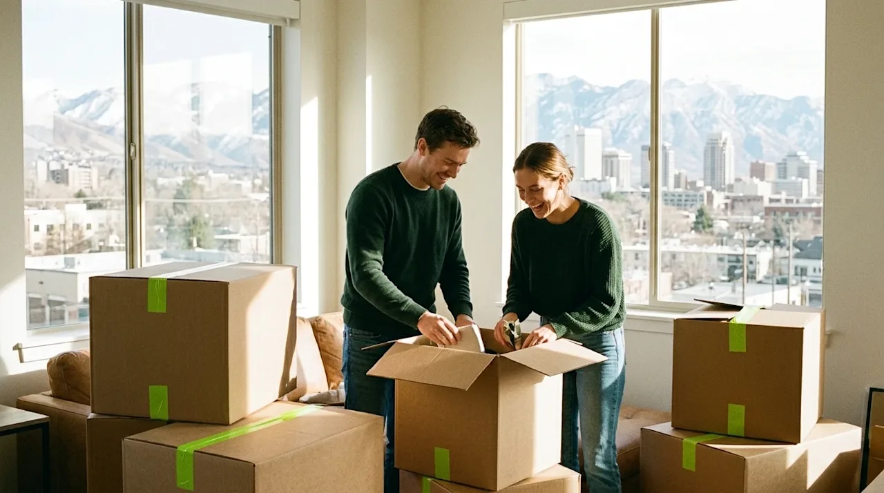 Candid 35mm film photography of a happy couple unpacking kraft brown moving boxes in a bright, sunlit living room, with large