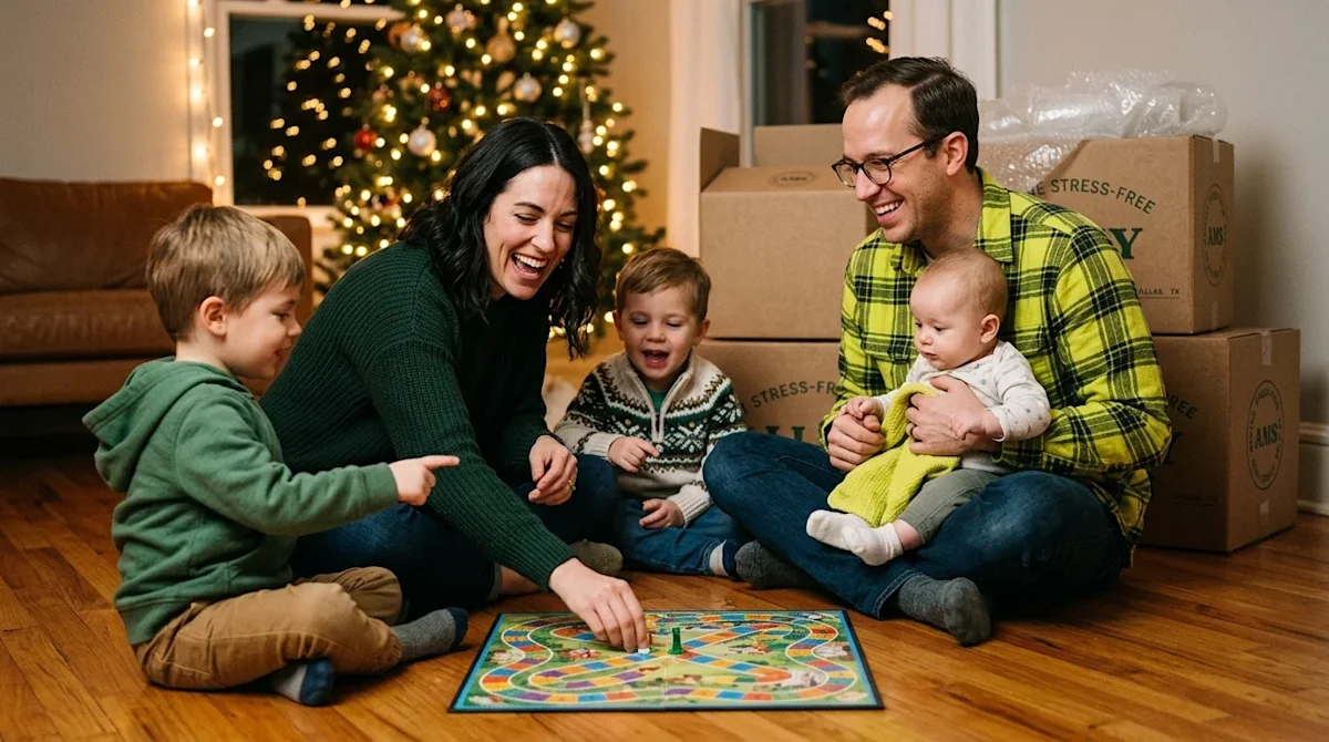Editorial lifestyle photography of a joyful family playing a holiday game together on the warm wooden floor of a cozy living