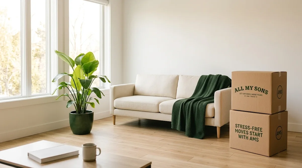 Photorealistic lifestyle photography of a bright, airy, and beautifully organized minimalist living room, embodying a clutter