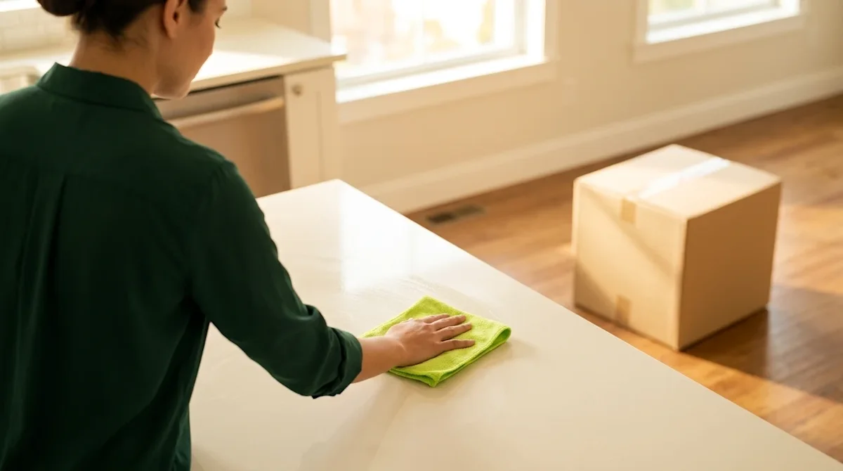 Professional marketing photography of a bright, sunlit home interior being thoroughly cleaned during a move. A person wearing