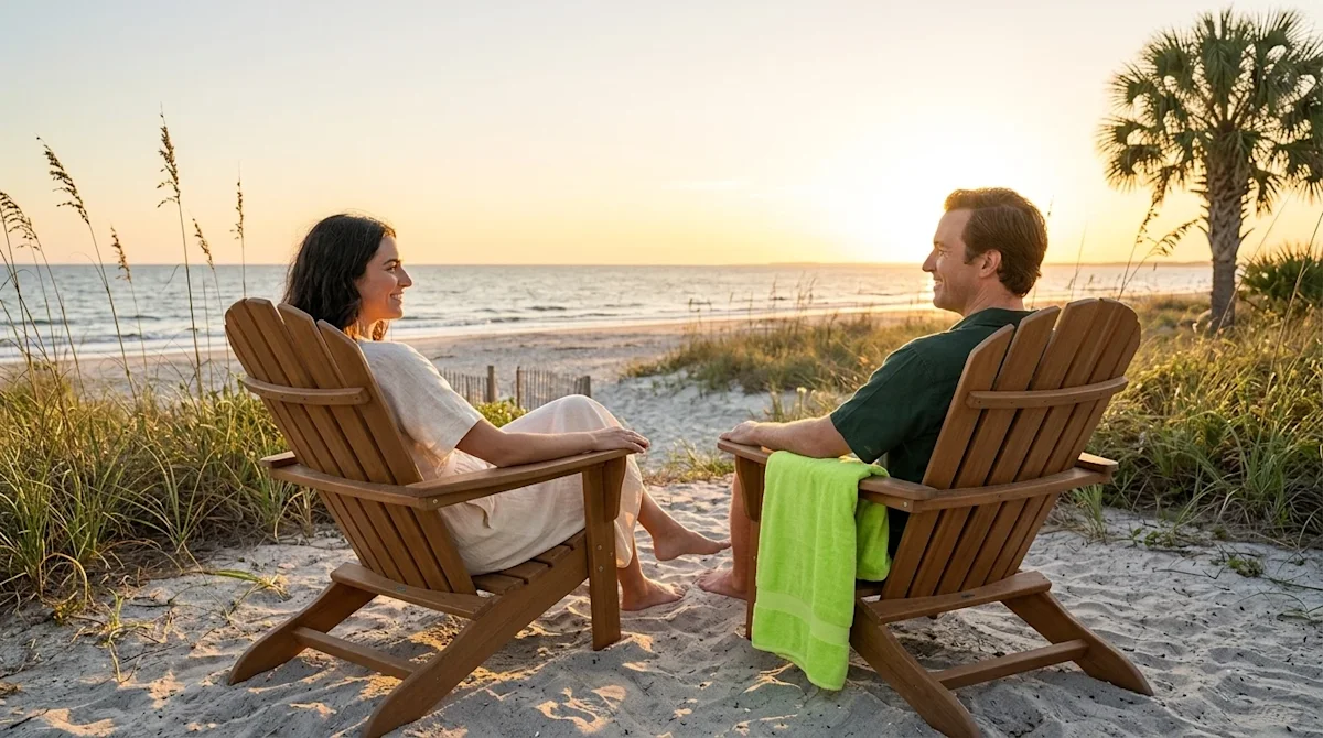 Clear, professional marketing photography of a happy couple relaxing on a scenic Hilton Head beach at golden hour, peacefully