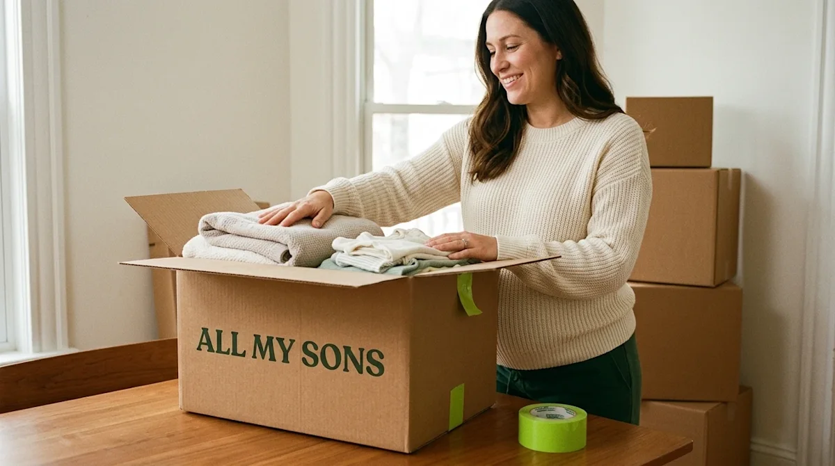 Warm, candid lifestyle photograph of a smiling, relaxed pregnant woman preparing for a residential move in a sunlit cozy home