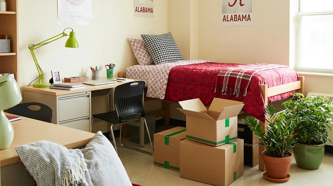 University of Alabama dorm room with crimson bedding and moving boxes, perfect for a student move-in day.