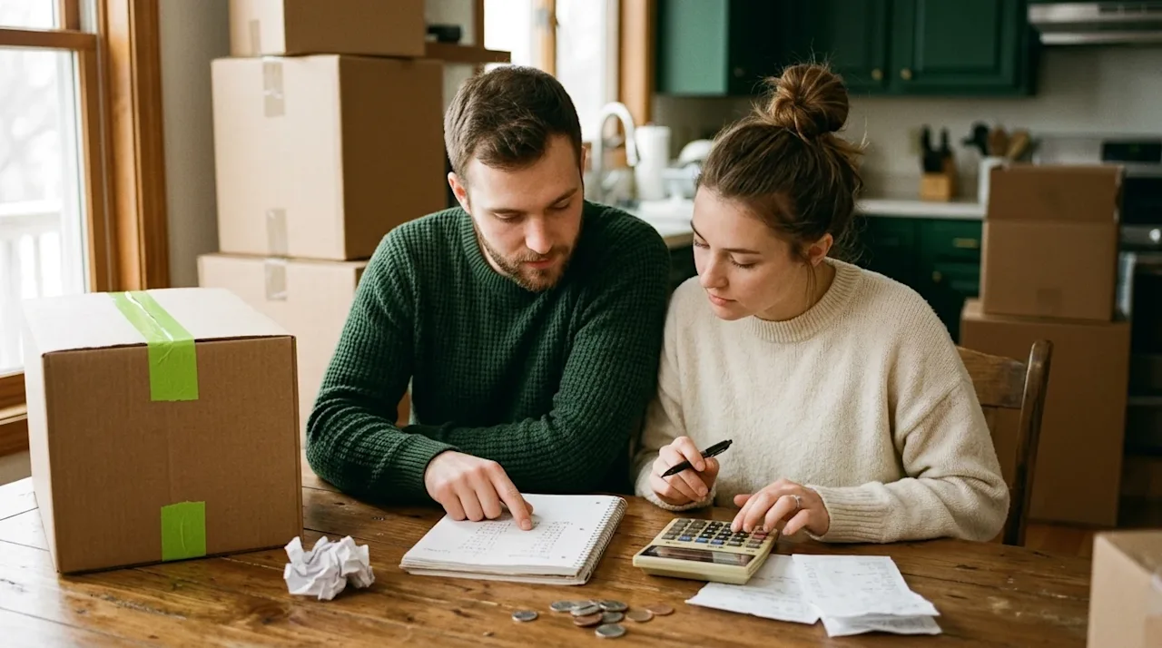 Candid lifestyle photography of a young couple sitting at a warm wooden kitchen table, carefully reviewing their household bu