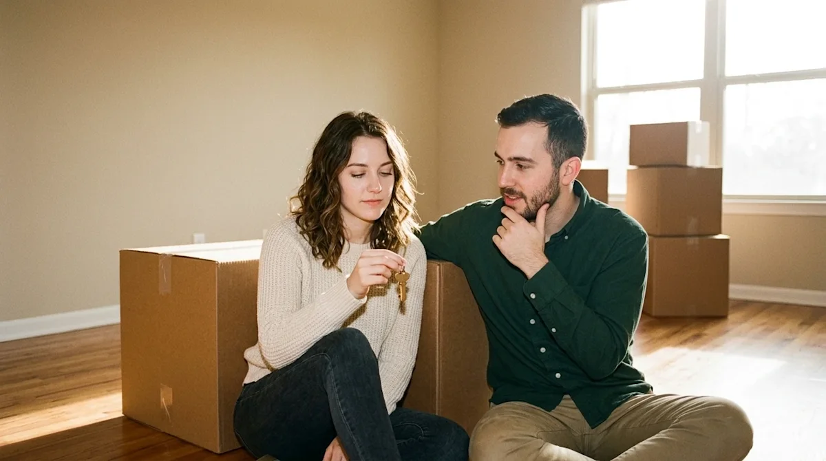 A candid, authentic lifestyle photograph of a young couple sitting on the hardwood floor of an empty room, having a thoughtfu