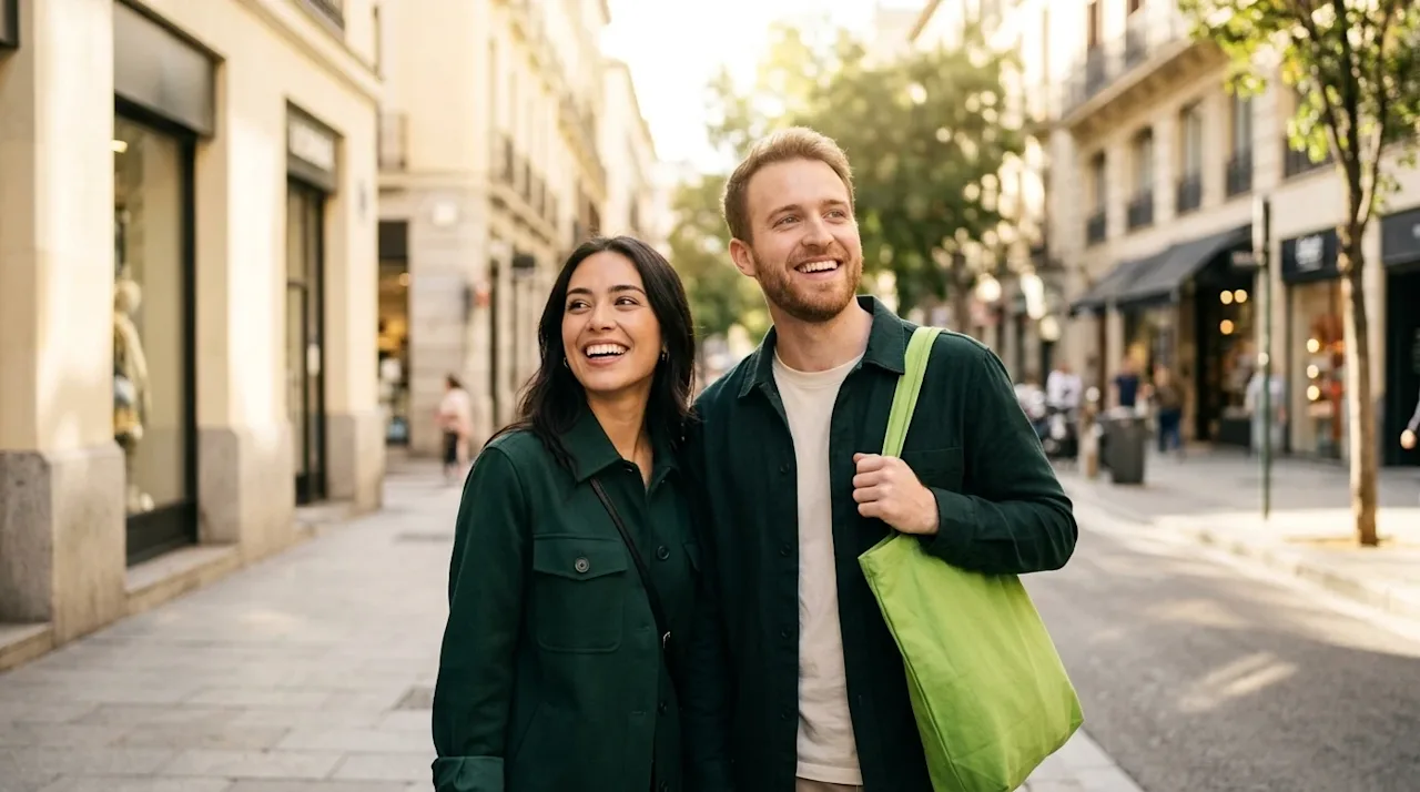 Professional marketing photography, a candid lifestyle shot of a happy young couple confidently walking down a sunny, welcomi
