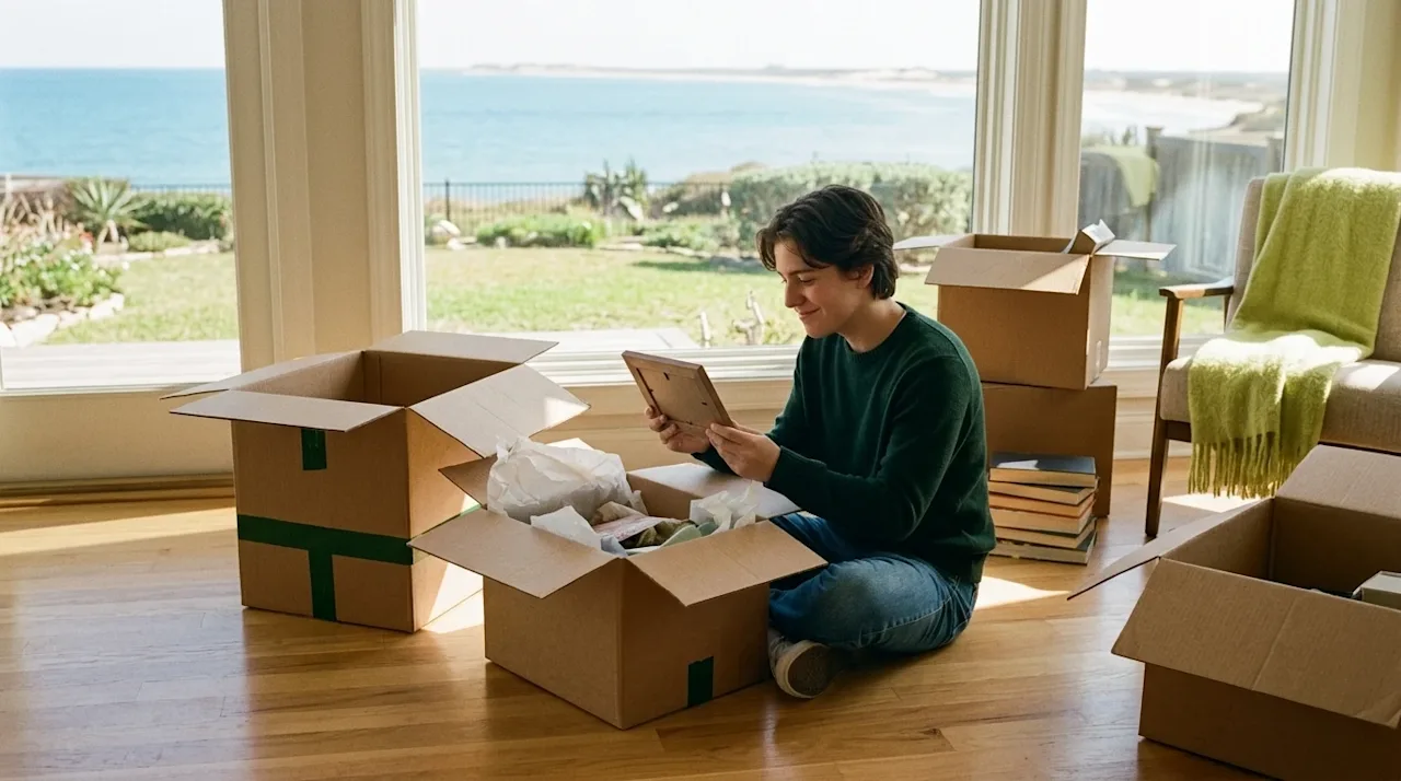 Authentic lifestyle photography of a person sitting on the hardwood floor of a bright, newly moved-in home, unpacking a brown