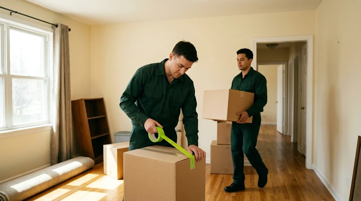 A candid, authentic documentary-style photograph of a highly professional and efficient moving scenario. Two movers are worki