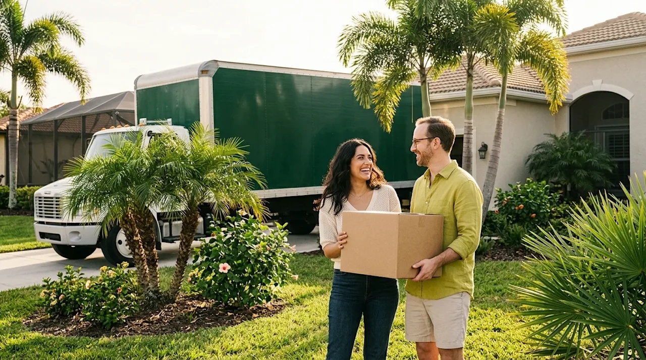 Professional marketing photography of a happy, relaxed couple standing in the sunny front yard of a tropical Fort Myers style