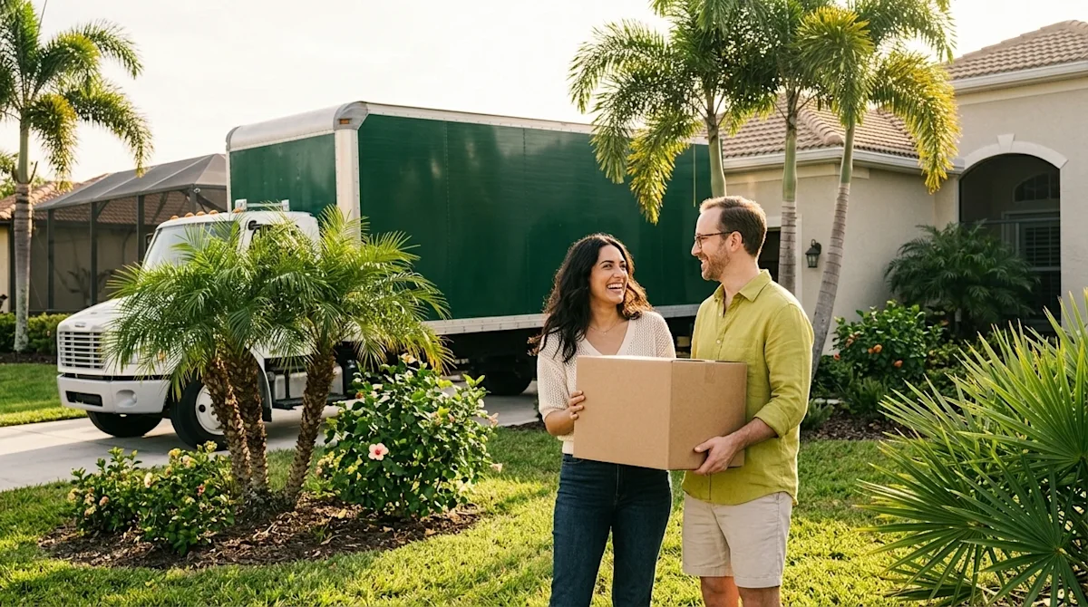 Professional marketing photography of a happy, relaxed couple standing in the sunny front yard of a tropical Fort Myers style