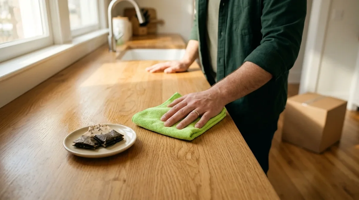 Photorealistic lifestyle photography of a person cleaning a natural wood countertop in a bright, cozy home kitchen. The scene