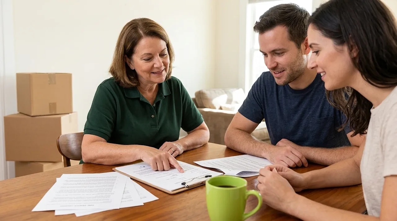 Clear professional marketing photography, full bleed with no borders or frames. A supportive moving coordinator wearing a dar
