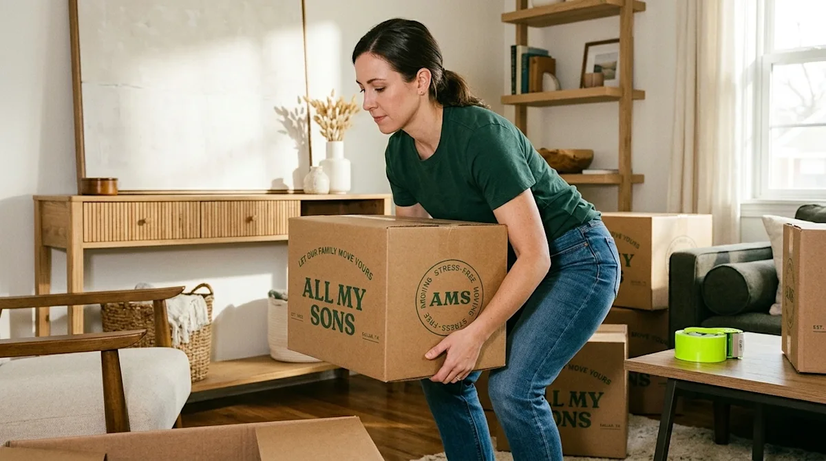 A professional, authentic marketing photograph of a person demonstrating proper, safe lifting techniques to prevent injury wh