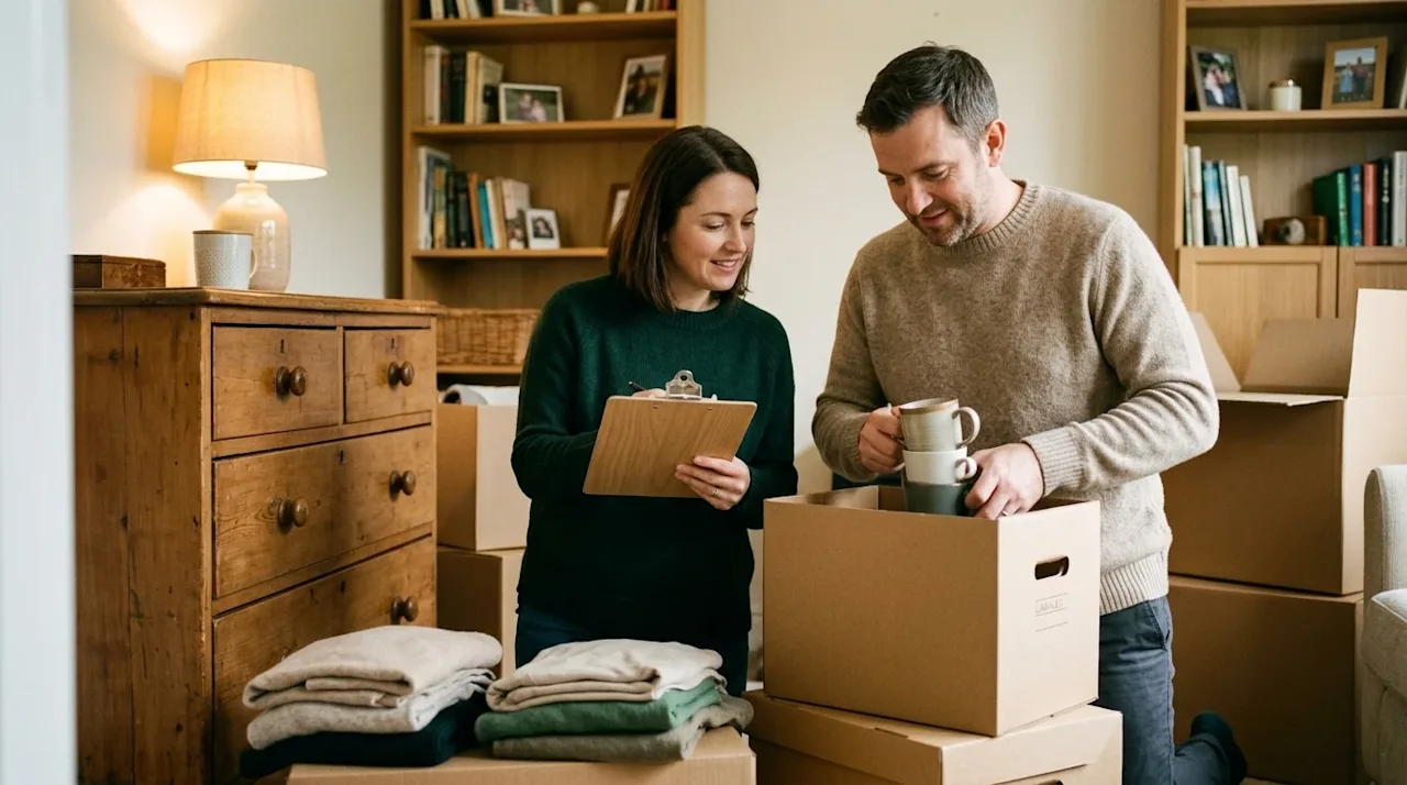 A candid, authentic photograph of a family in a warm, warmly lit living room, sorting through their belongings to downsize th
