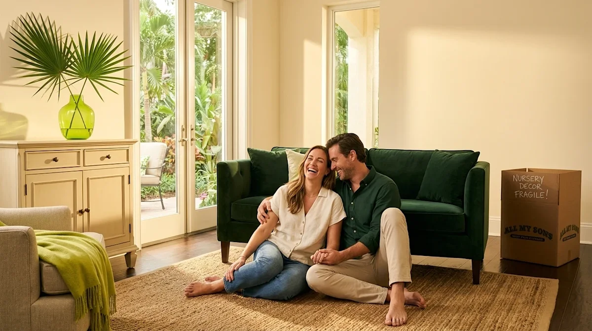 Clear, professional marketing photography of a smiling, relaxed couple in their bright, sunlit new home in West Palm Beach. T