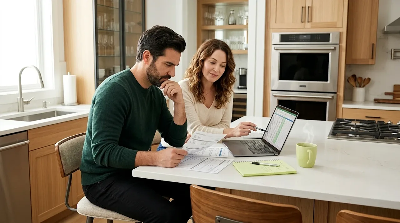 Professional marketing lifestyle photography of a thoughtful couple sitting at a bright, modern home kitchen island, calmly r