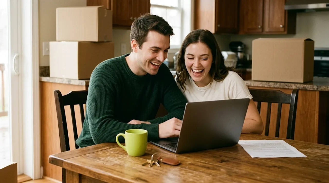 Candid lifestyle 35mm film photography of a joyful young couple sitting at a warm wooden kitchen table, celebrating their fir