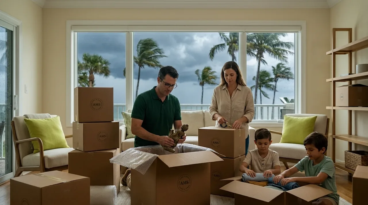 Clear, professional marketing photography of a calm, organized family in a bright, coastal West Palm Beach home, efficiently