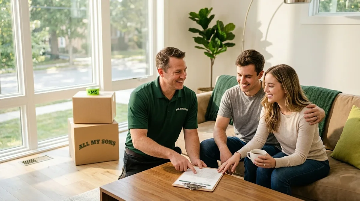 Professional lifestyle marketing photography of a friendly, trustworthy moving coordinator speaking with a smiling young coup