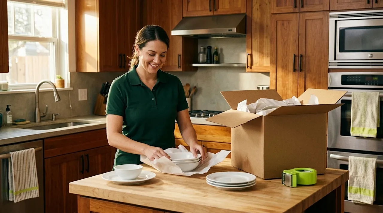 Professional marketing photography, medium shot. A friendly, professional packer wearing a clean dark forest green polo shirt