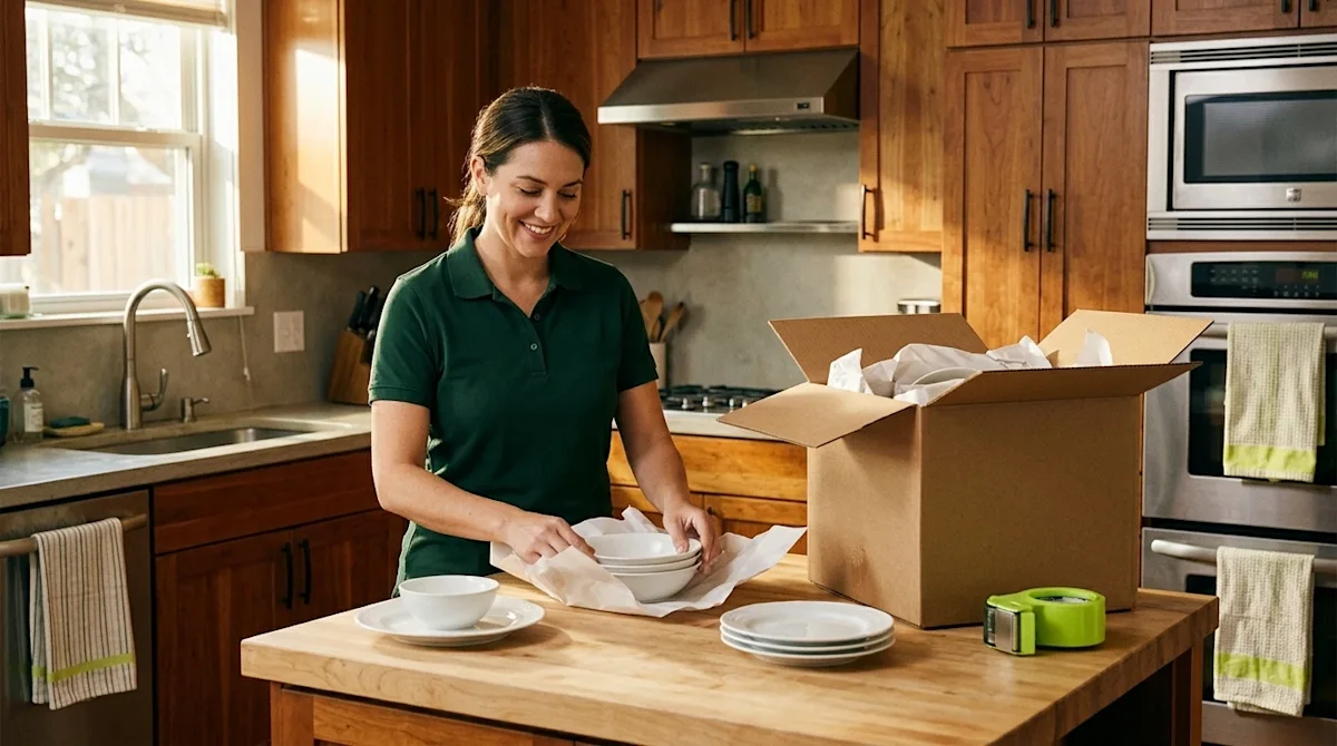 Professional marketing photography, medium shot. A friendly, professional packer wearing a clean dark forest green polo shirt