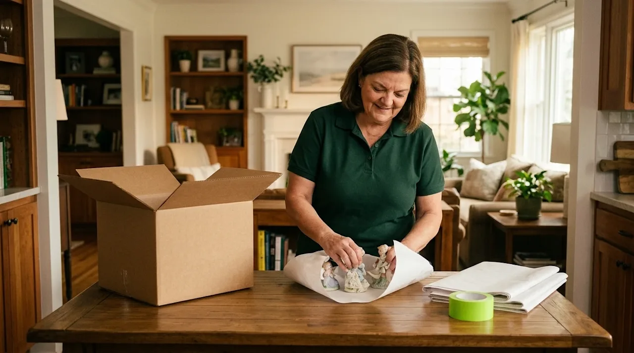 Professional marketing photography of a careful, friendly professional packer working inside a cozy, warmly lit residential h