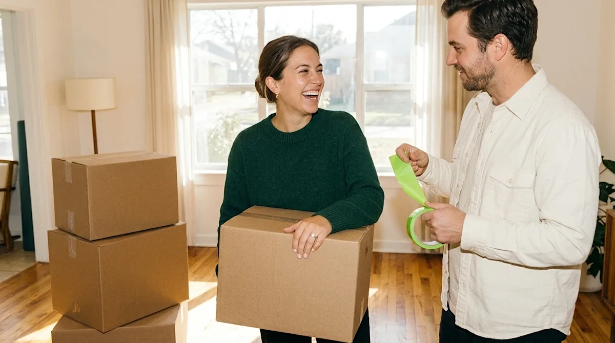 A high-quality, authentic lifestyle photograph of a happy newlywed couple packing cardboard moving boxes in their new living