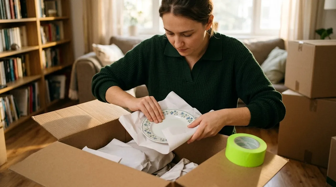 Candid lifestyle photography of a person carefully packing items for a residential move in a warm, inviting home interior. Th