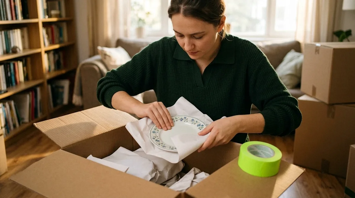 Candid lifestyle photography of a person carefully packing items for a residential move in a warm, inviting home interior. Th