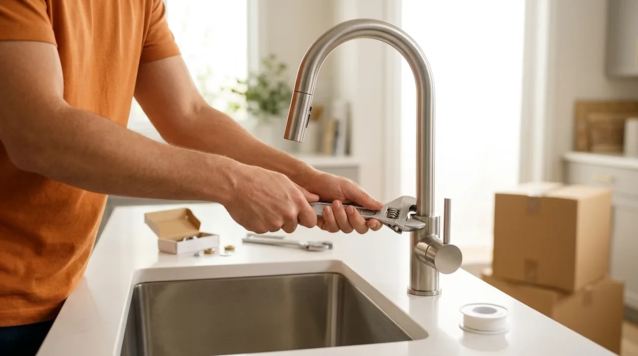 High-quality lifestyle photography of a person's hands installing a sleek modern stainless steel kitchen faucet using a metal