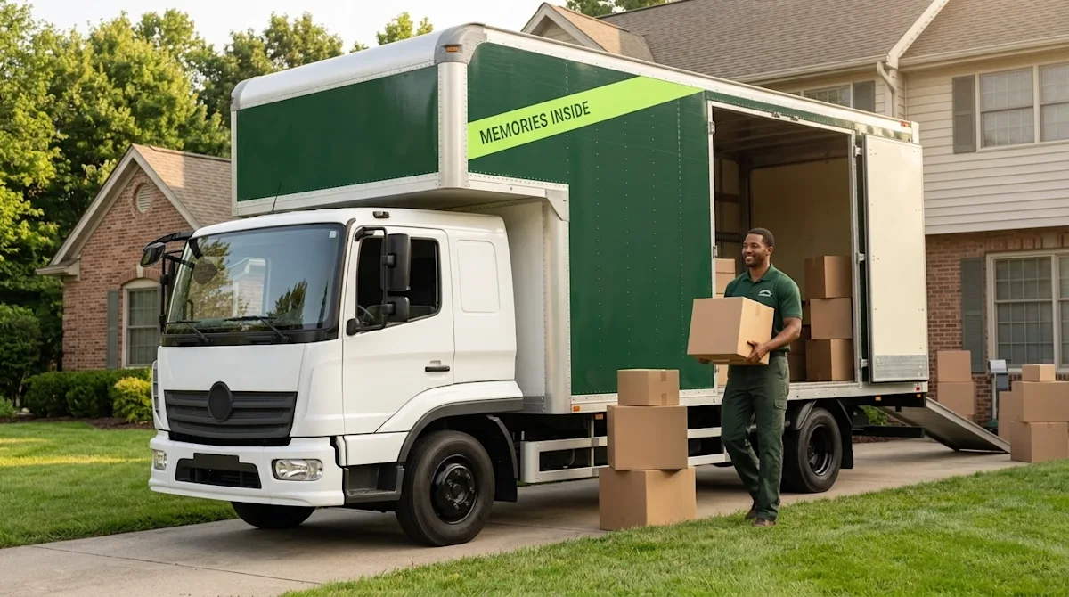 Clear, professional marketing photography capturing a long-distance moving day. A large cab-over-engine moving truck with a w