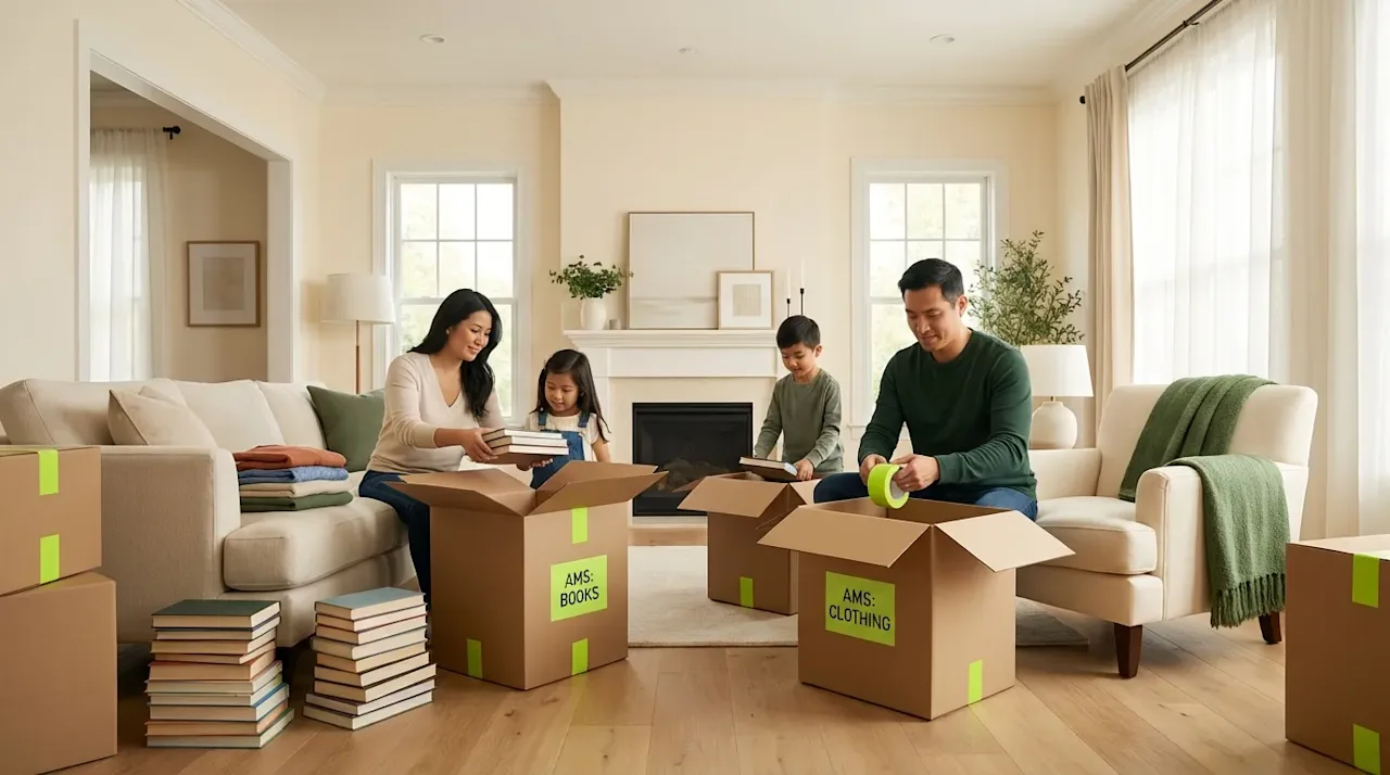 Family packing cardboard boxes in a bright living room for an organized home move with All My Sons branding.