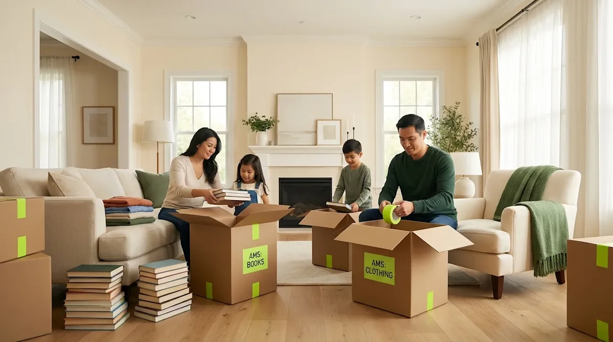 Family packing cardboard boxes in a bright living room for an organized home move with All My Sons branding.