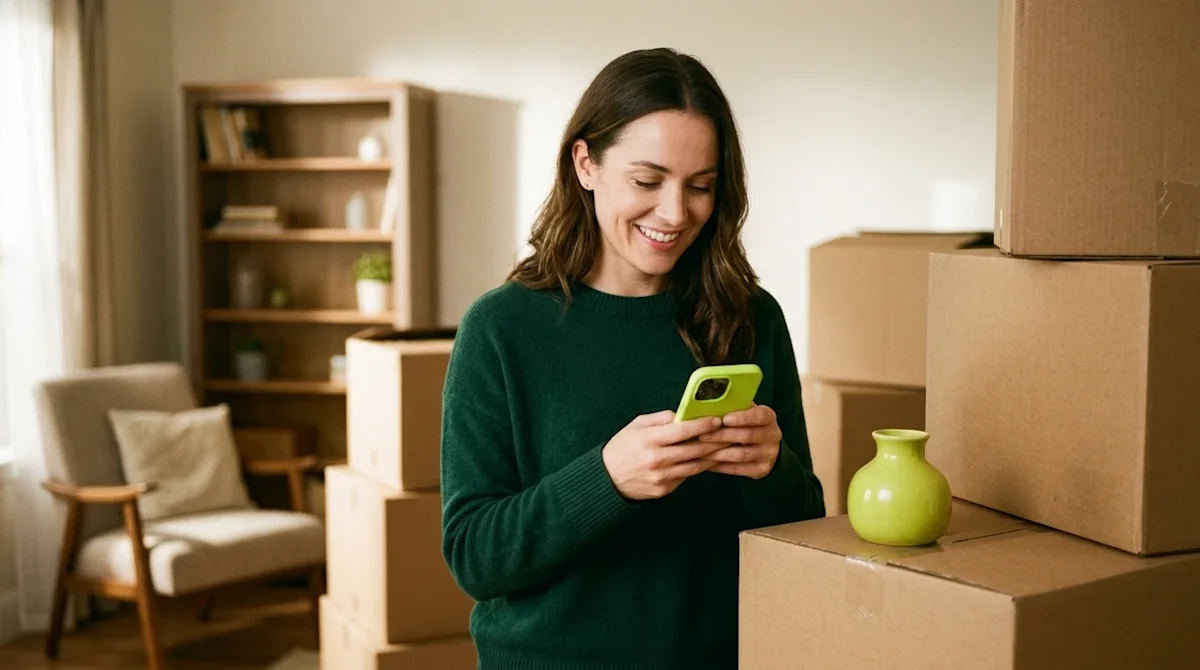 A candid, lifestyle photograph shot on 35mm film showing a person standing in a warm, inviting living room partially packed w