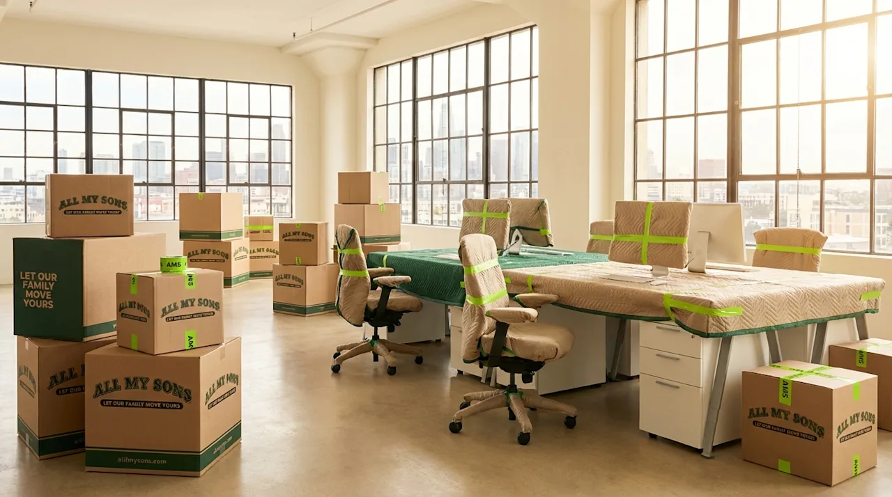 All My Sons corporate office relocation with branded moving boxes and wrapped furniture in a modern workspace.
