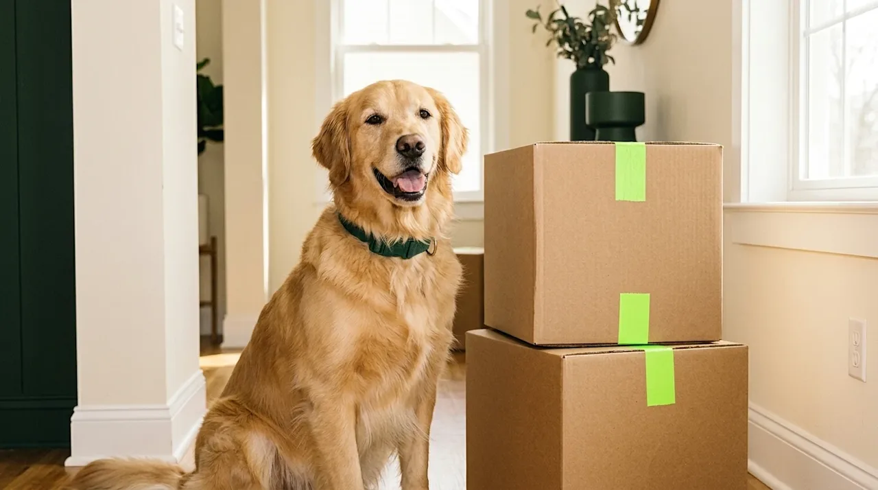 Professional marketing photography of a happy, relaxed Golden Retriever dog sitting patiently in a bright, inviting home entr