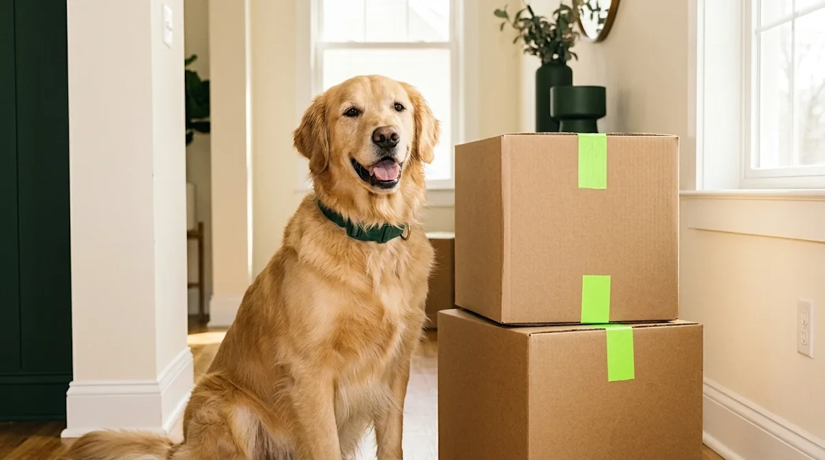 Professional marketing photography of a happy, relaxed Golden Retriever dog sitting patiently in a bright, inviting home entr