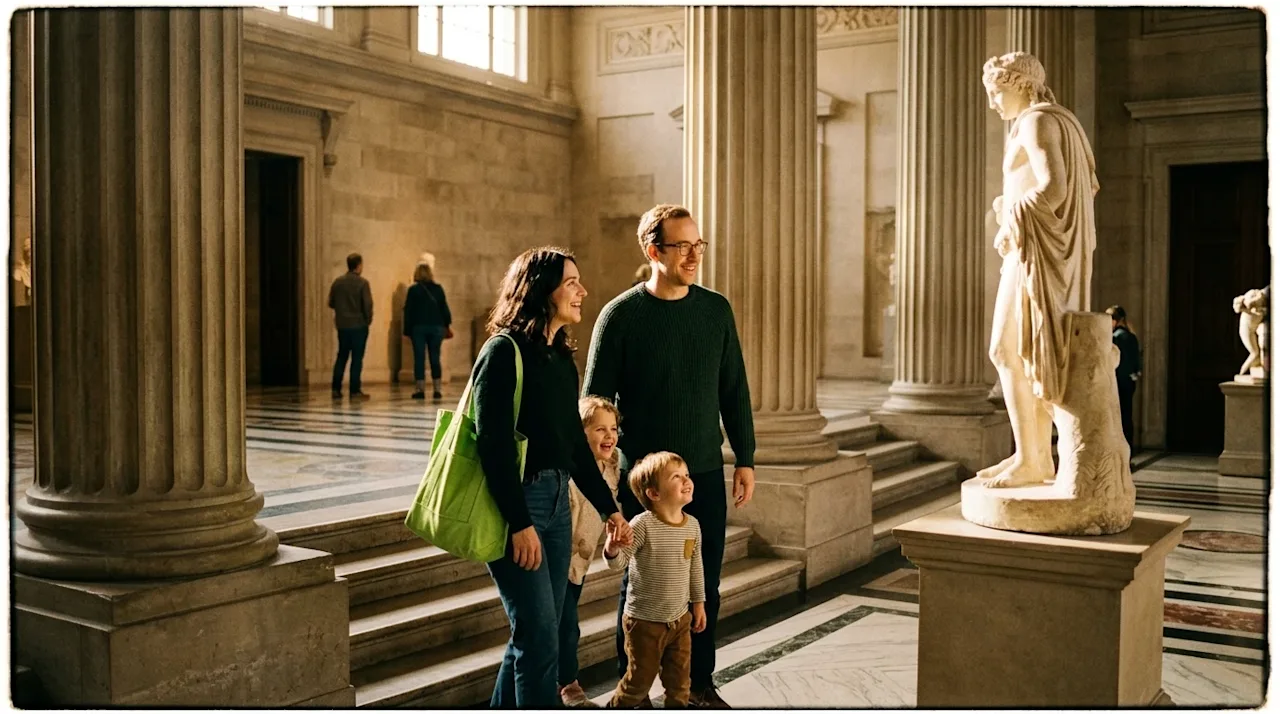Candid 35mm film photography of a happy family exploring a beautiful classical art museum in Richmond. They are walking toget
