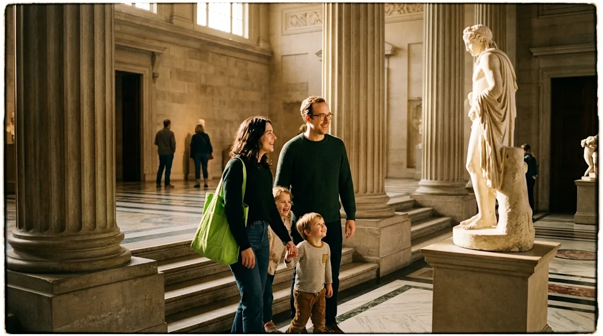 Candid 35mm film photography of a happy family exploring a beautiful classical art museum in Richmond. They are walking toget