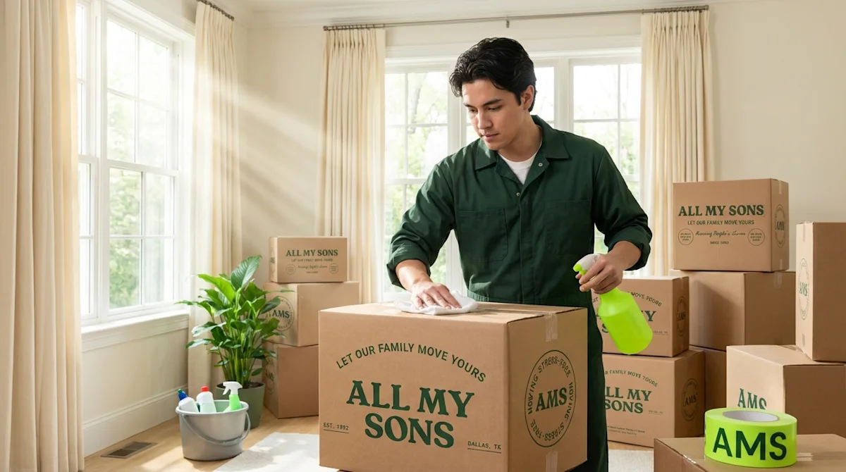 All My Sons mover in green uniform sanitizing a packing box with spray bottle in a sunlit room.