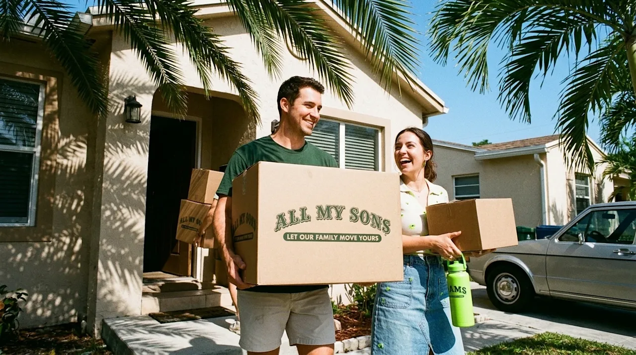 Candid, authentic lifestyle photograph of a happy couple moving into a brightly lit South Florida home on a hot summer day. T