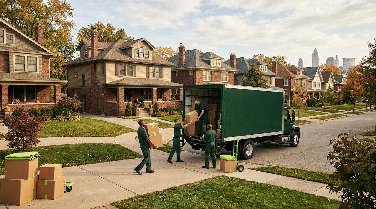 Professional movers loading boxes into a green truck on a residential street in Cleveland with skyline view.