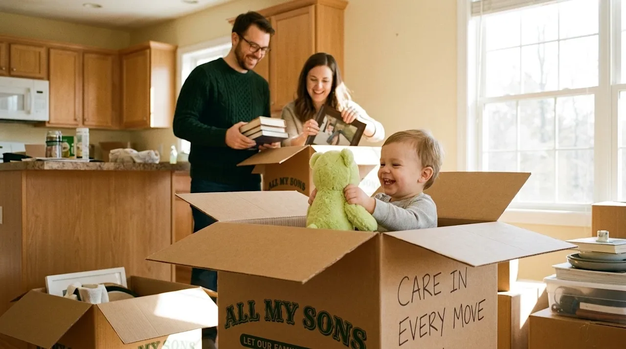 Candid, warm lifestyle photography of a family moving into a new home, focusing on the theme of moving with children. In the