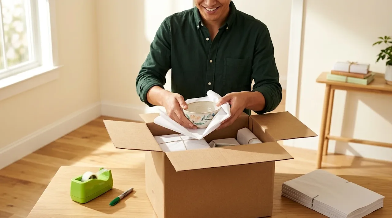 Professional marketing photography of an organized packing scene in a bright, warm-toned home interior. A person wearing a da